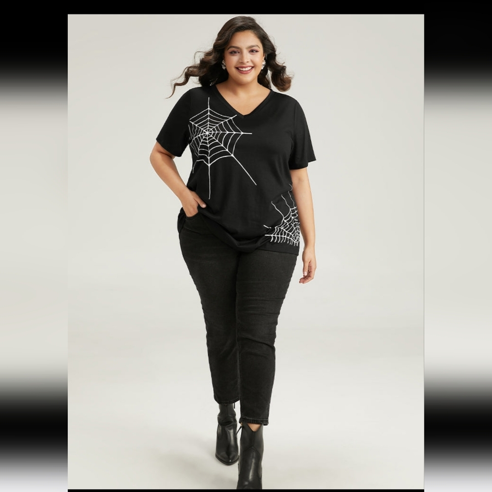 NWT 4X 28W Spider Print V Neck Black Tee K-1130 - Picture 6 of 12